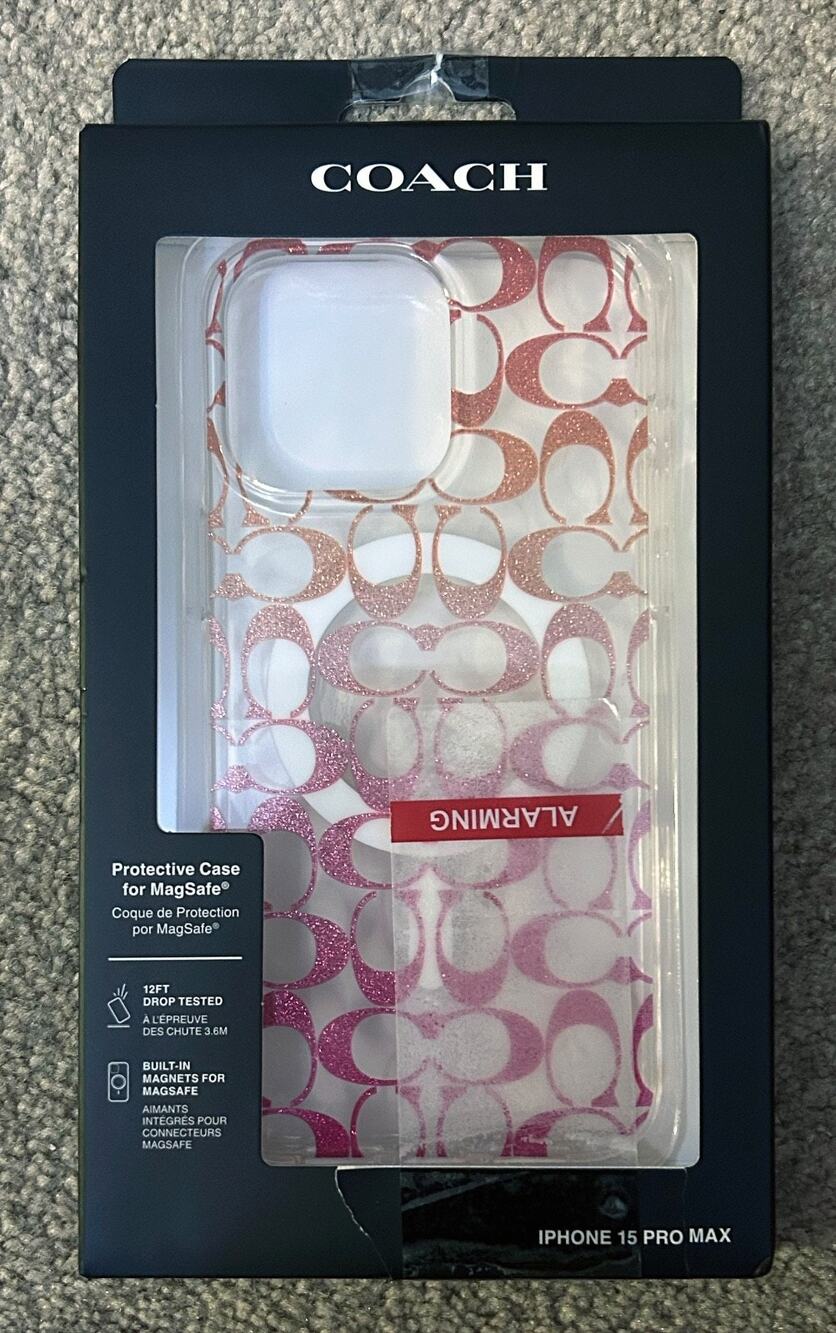 NIB! COACH Protective MagSafe Case iPhone 15 Pro Max Clear Glitter Pattern